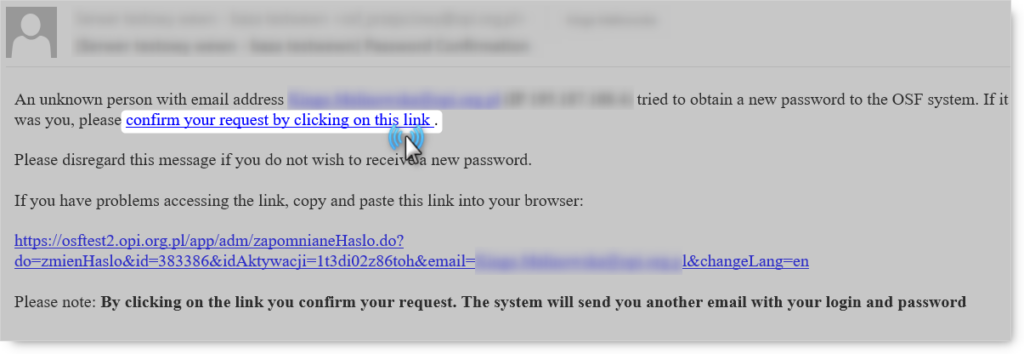 E-mail message. Highlighted "confirm your request by clicking on this link."
