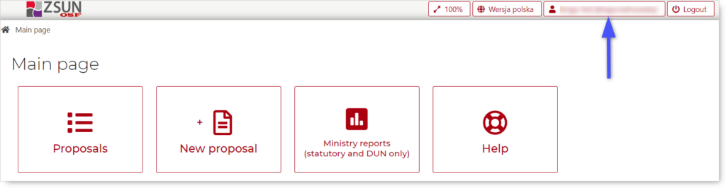 Fragment of Main page in OSF system. Blue arrow pointing account settings (login and user name).