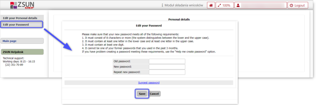 Fragment of account settings. Blue arrow pointing "Edit your Password" option. Blue square pointing "Save" option. 