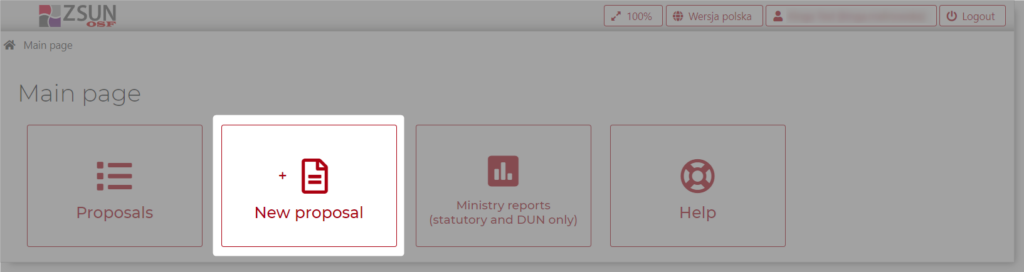 Fragment of Main page in OSF system.
Highlighted "New proposal" modules in OSF system.