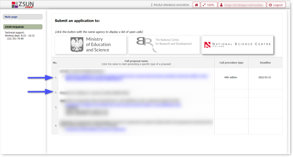 The list of open calls. Two blue arrows pointing name of proposals.