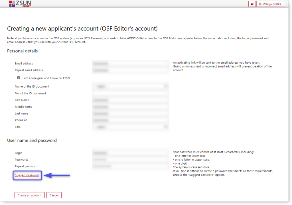 A new applicant form. Blue arrow pointing "Suggest password" option.