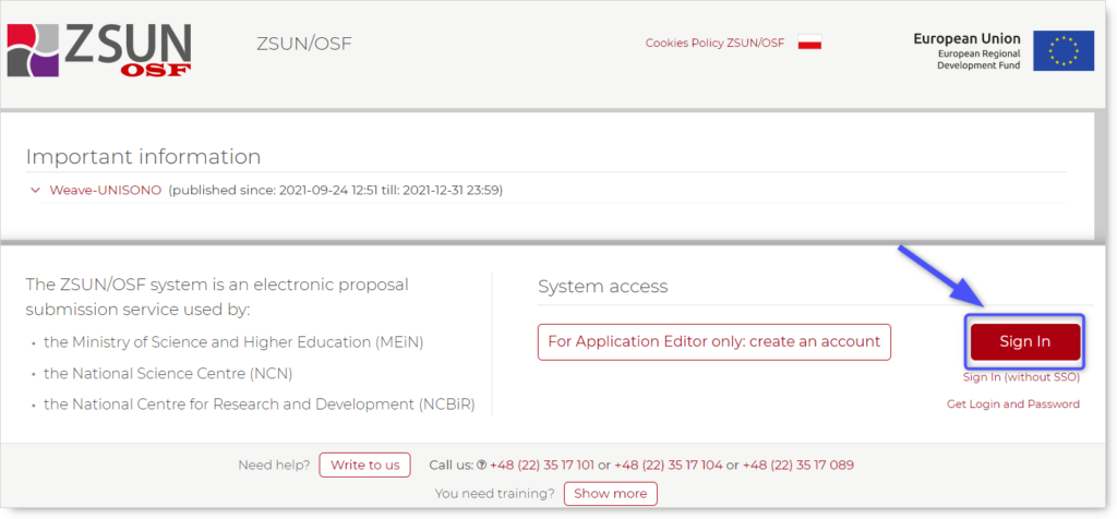 OSF login page. Blue arrow pointing "Sign In". 