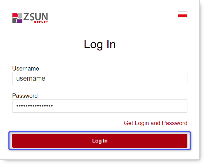 Fields with Username and Password. Blue square pointing "Log In". 