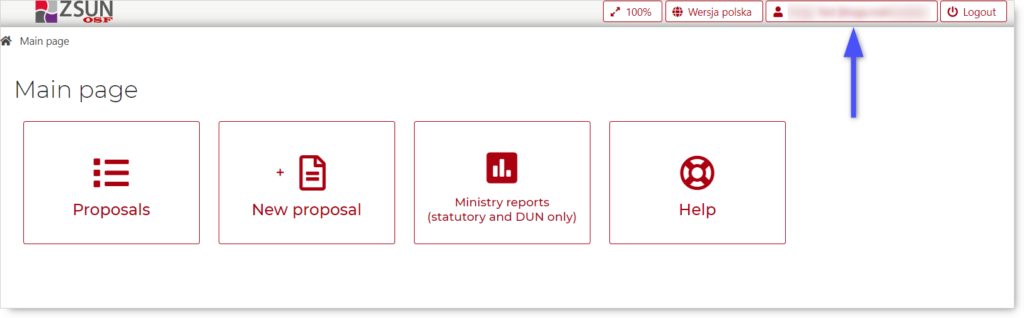 Fragment of Main page in OSF system. Blue arrow pointing account settings (login and user name).