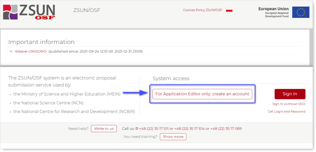 OSF login page. Blue arrow pointing "For Application Editor only: create an account". 