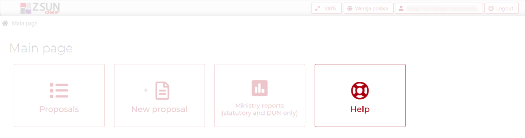 Fragment of Main page in OSF system.
Highlighted "Help" modules in OSF system.