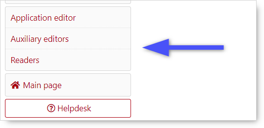 Fragment of the proposal menu. Blue arrow pointing on "Auxiliary editors", "Readers".