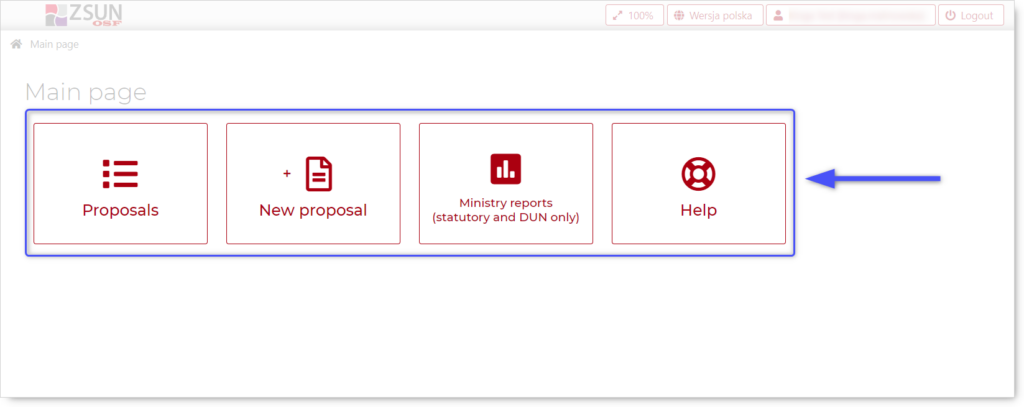 Fragment of Main page in OSF system.
Blue square pointing four main modules in OSF system.