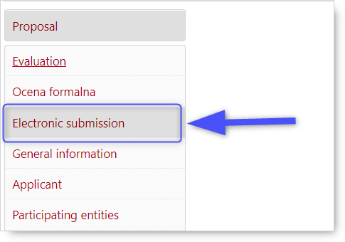 Fragment of side menu on the left in the proposal. Blue arrow pointing  "Electronic submission".