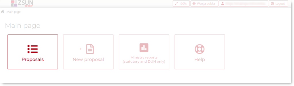 Fragment of Main page in OSF system.
Highlighted "Proposals" modules in OSF system.