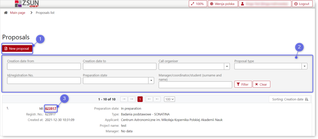 Fragment of Proposals list.
Blue square pointing:
1. "New proposal"
2.  Field with filter proposals
3. Proposal ID