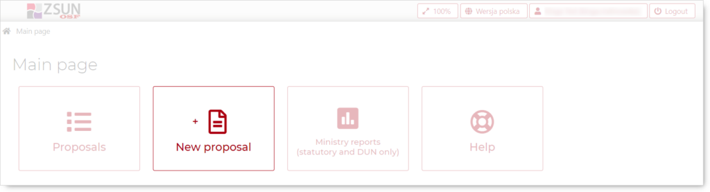 Fragment of Main page in OSF system.
Highlighted "New propasal" modules in OSF system.