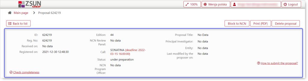 Blue square pointing a header with progress information in proposal.