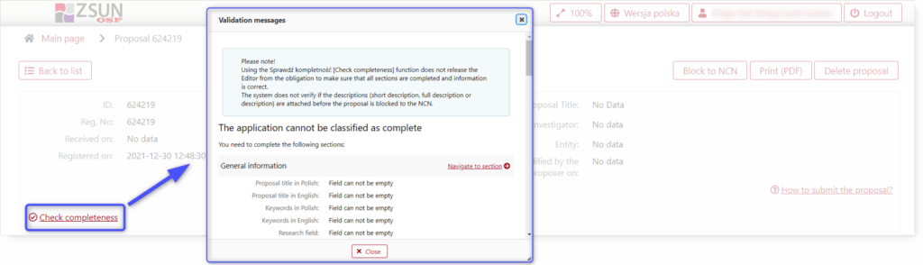 Option of "Check completeness" in proposal. Blue square pointing Validation message. 