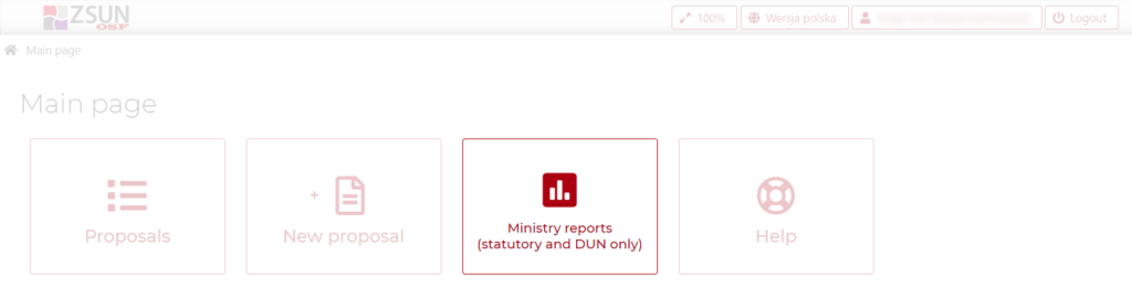 Fragment of Main page in OSF system.
Highlighted "Ministry reports (statuatory and DUN only)" modules in OSF system.