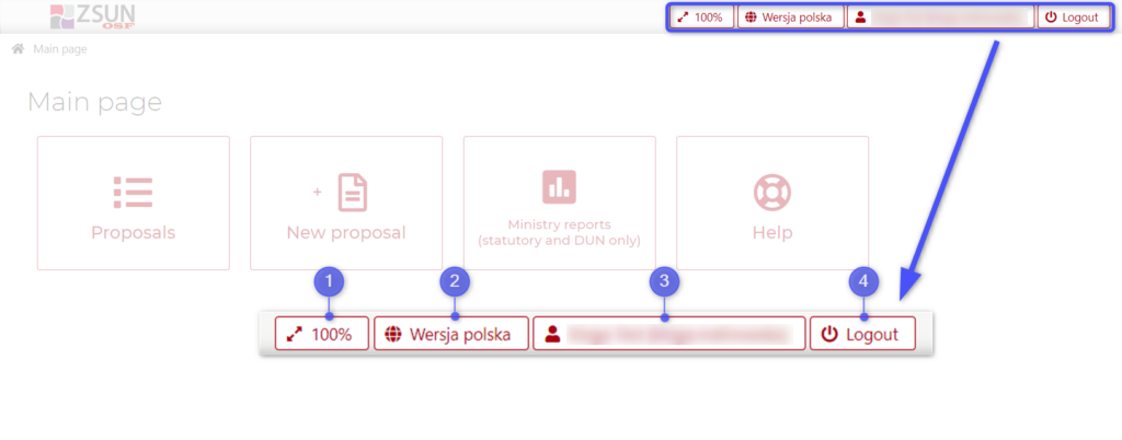 Fragment of OSF account. 
Blue square pointing account settings:
1. "100%" - the page width 
2. "Wersja polska" - language version of the system
3. Account settings
4. "Log out" - log out of the system
